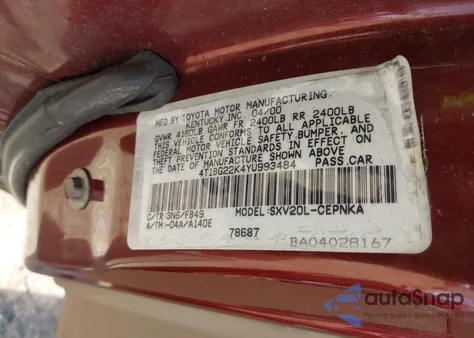 2000 Toyota Camry Le from USA, damaged, VIN 4T1BG22K4YU993484